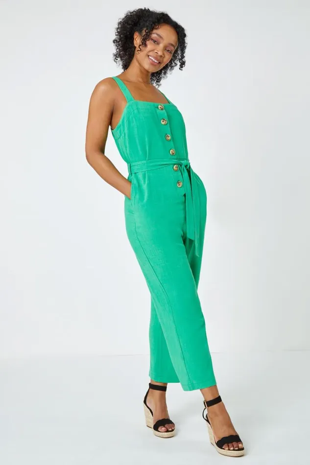 Women Green Petite Sleeveless Linen Blend Jumpsuit Roman Dresses
