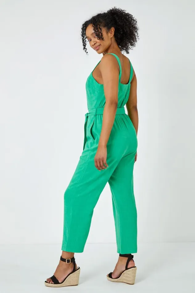 Women Green Petite Sleeveless Linen Blend Jumpsuit Roman Dresses
