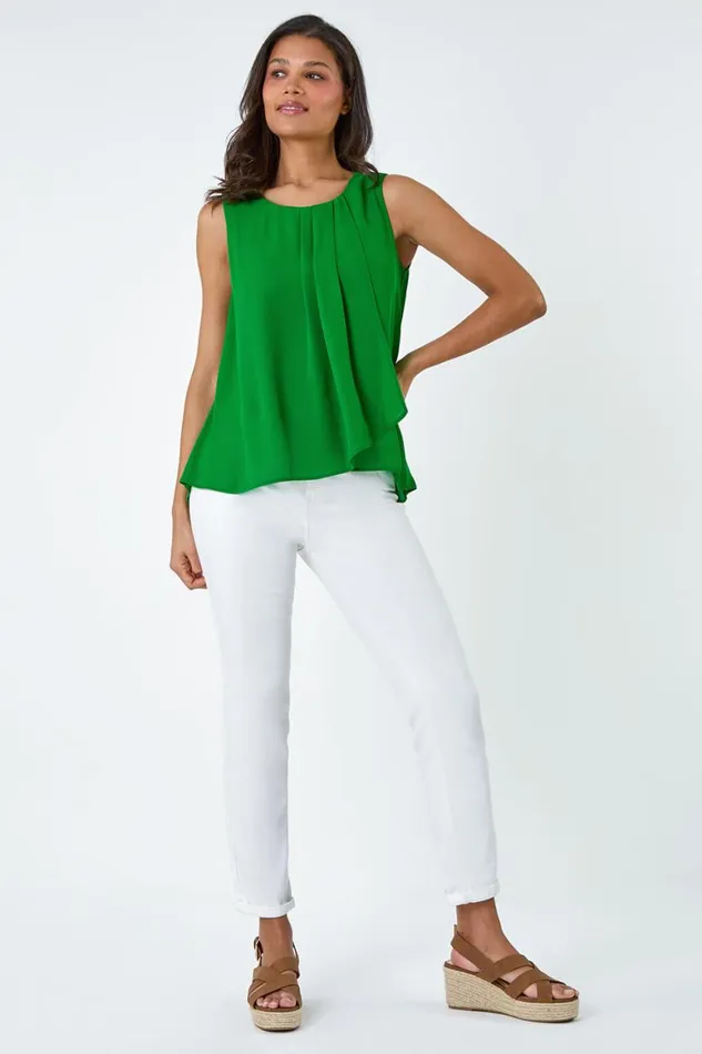 Women Green Pleat Detail Vest Top Roman Tops