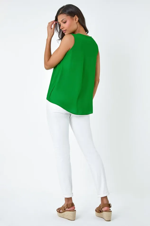 Women Green Pleat Detail Vest Top Roman Tops