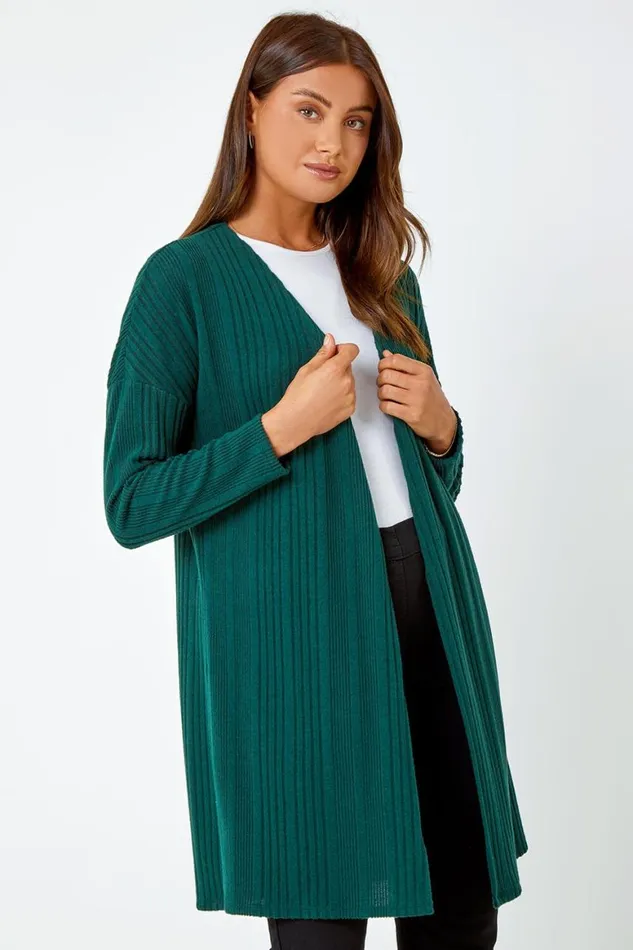 Women Green Ribbed Longline Stretch Knit Cardigan Roman Knitwear
