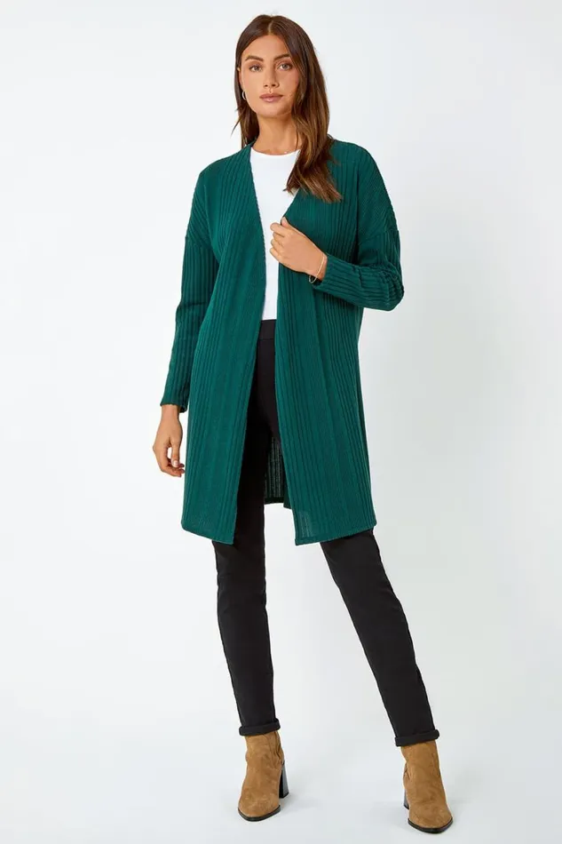 Women Green Ribbed Longline Stretch Knit Cardigan Roman Knitwear
