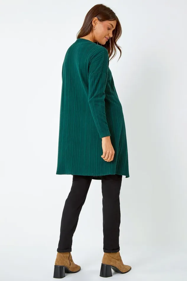 Women Green Ribbed Longline Stretch Knit Cardigan Roman Knitwear