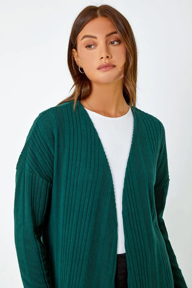 Women Green Ribbed Longline Stretch Knit Cardigan Roman Knitwear
