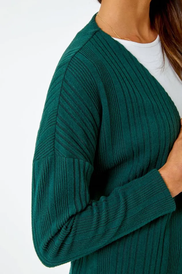 Women Green Ribbed Longline Stretch Knit Cardigan Roman Knitwear