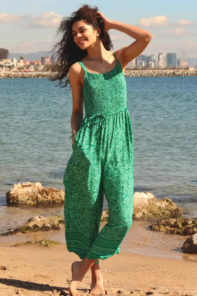 Women Green Sleeveless Paisley Cropped Jumpsuit Roman Dresses