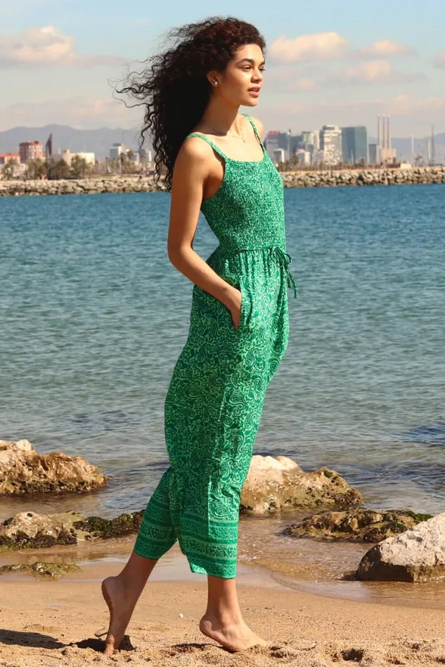 Women Green Sleeveless Paisley Cropped Jumpsuit Roman Dresses