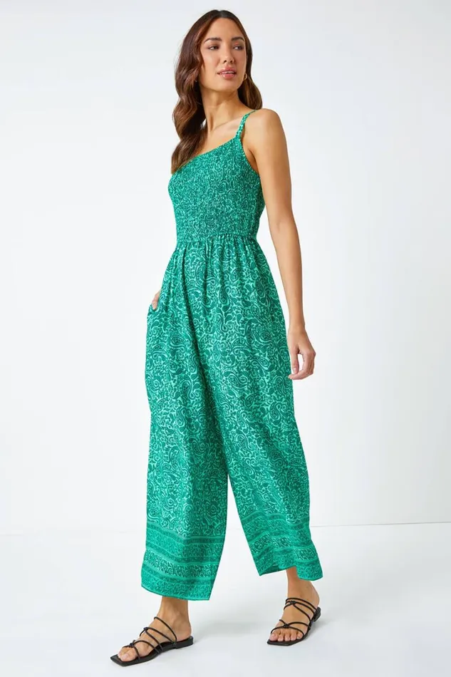 Women Green Sleeveless Paisley Cropped Jumpsuit Roman Dresses