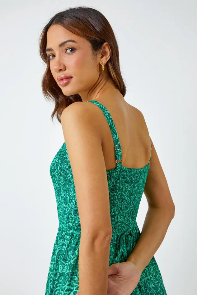 Women Green Sleeveless Paisley Cropped Jumpsuit Roman Dresses