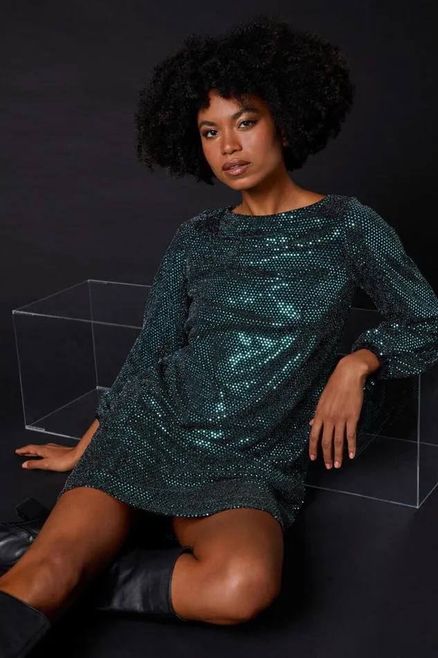 Women Green Sparkle Detail Swing Dress Roman Dresses