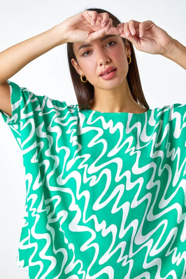 Women Green Swirl Print Button Back Tunic Top Roman Tops