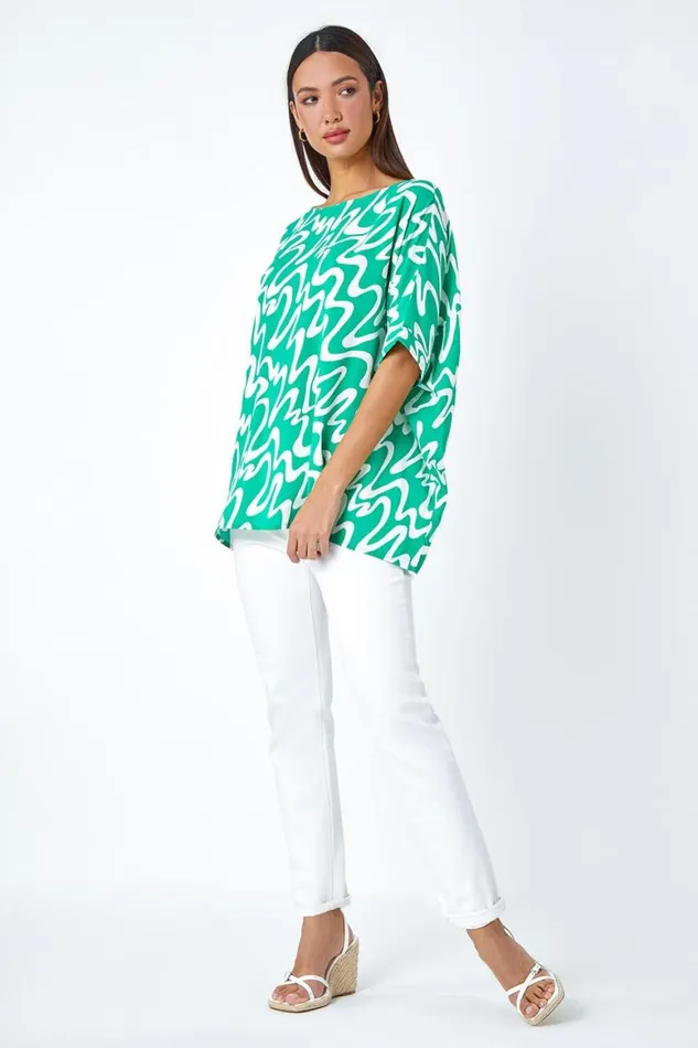 Women Green Swirl Print Button Back Tunic Top Roman Tops