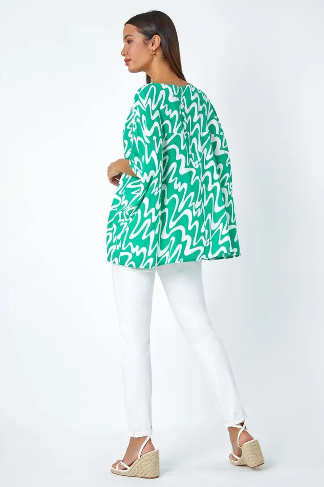 Women Green Swirl Print Button Back Tunic Top Roman Tops