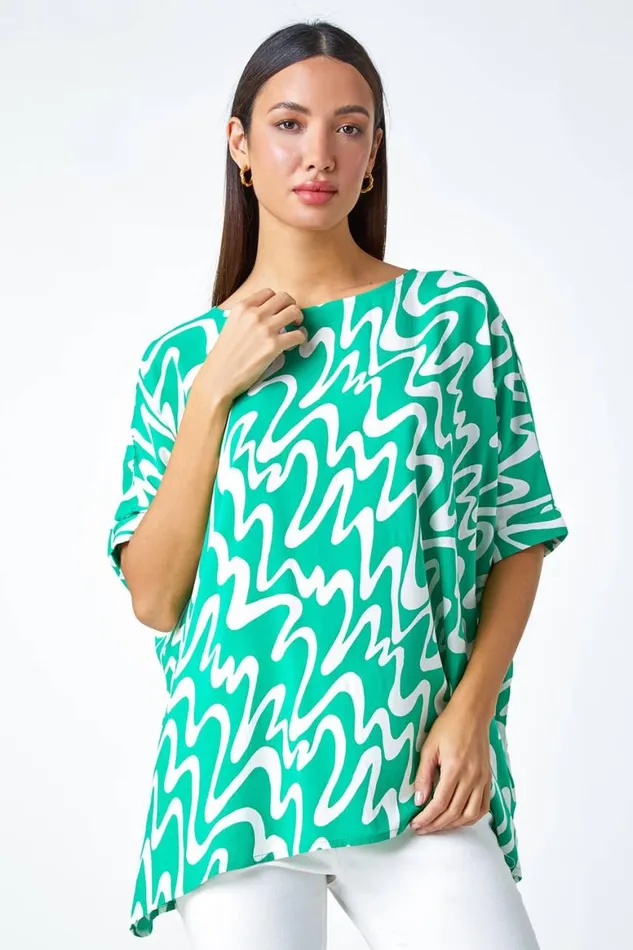 Women Green Swirl Print Button Back Tunic Top Roman Tops