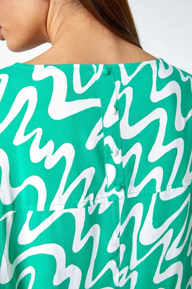 Women Green Swirl Print Button Back Tunic Top Roman Tops