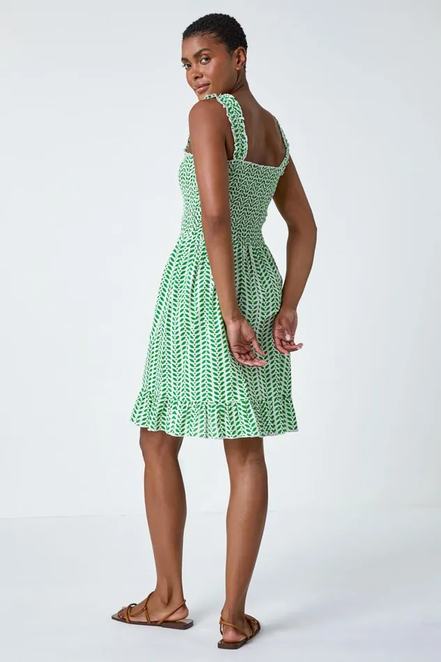 Women Green Zig Zag Print Shirred Cotton Dress Roman Dresses