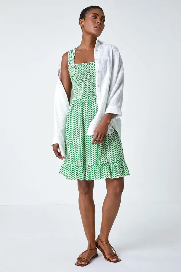Women Green Zig Zag Print Shirred Cotton Dress Roman Dresses