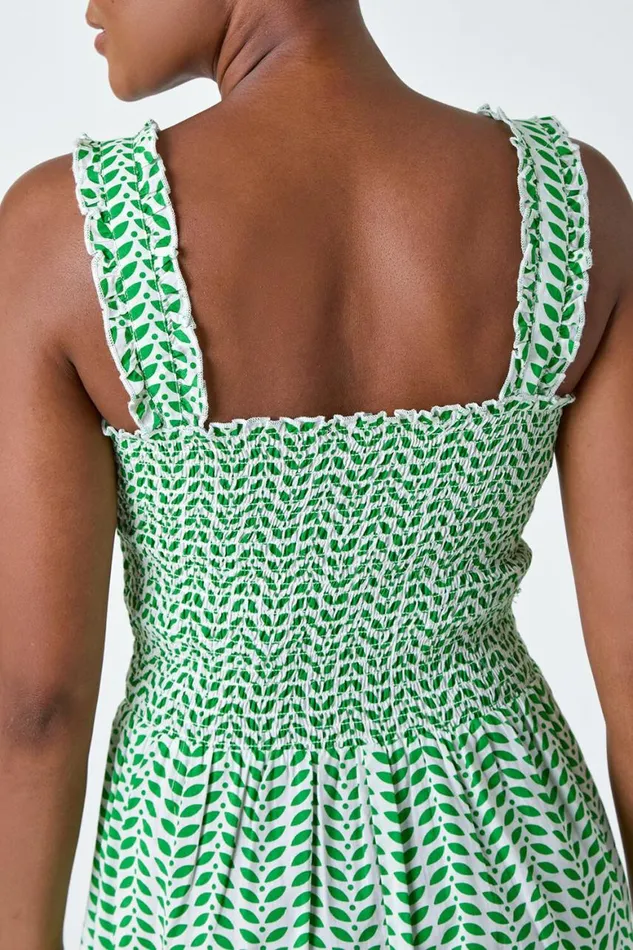 Women Green Zig Zag Print Shirred Cotton Dress Roman Dresses