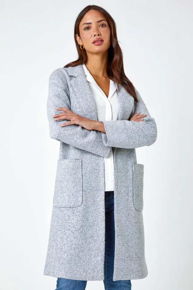 Women Grey Boucle Knit Longline Coatigan Roman Jackets