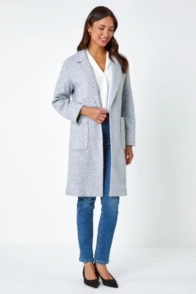 Women Grey Boucle Knit Longline Coatigan Roman Jackets