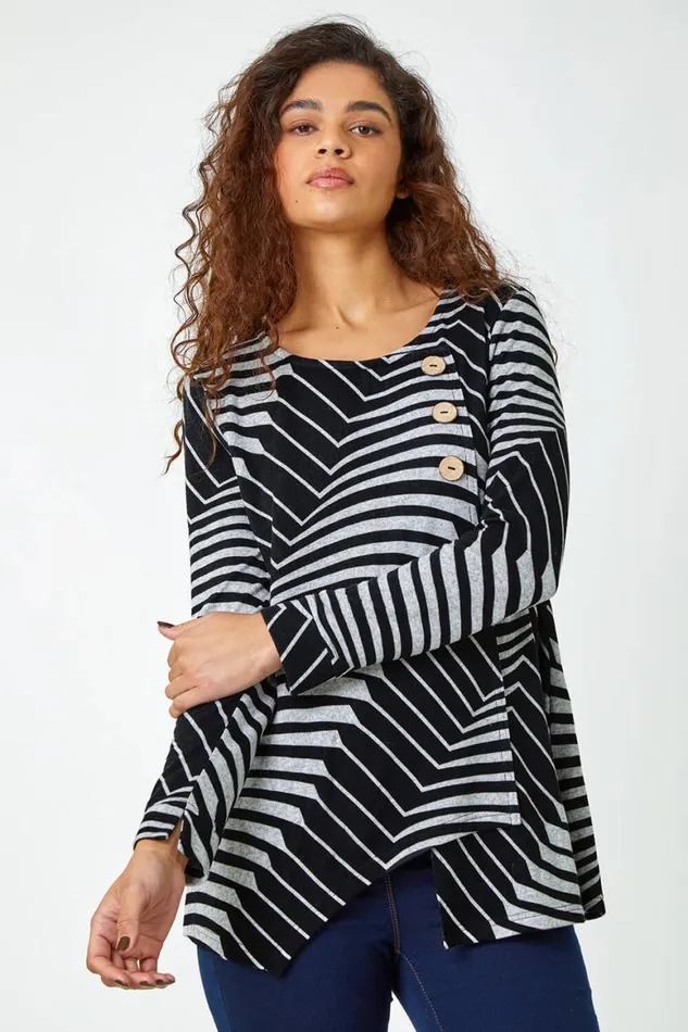 Women Grey Button Detail Geometric Stretch Top Roman Tops