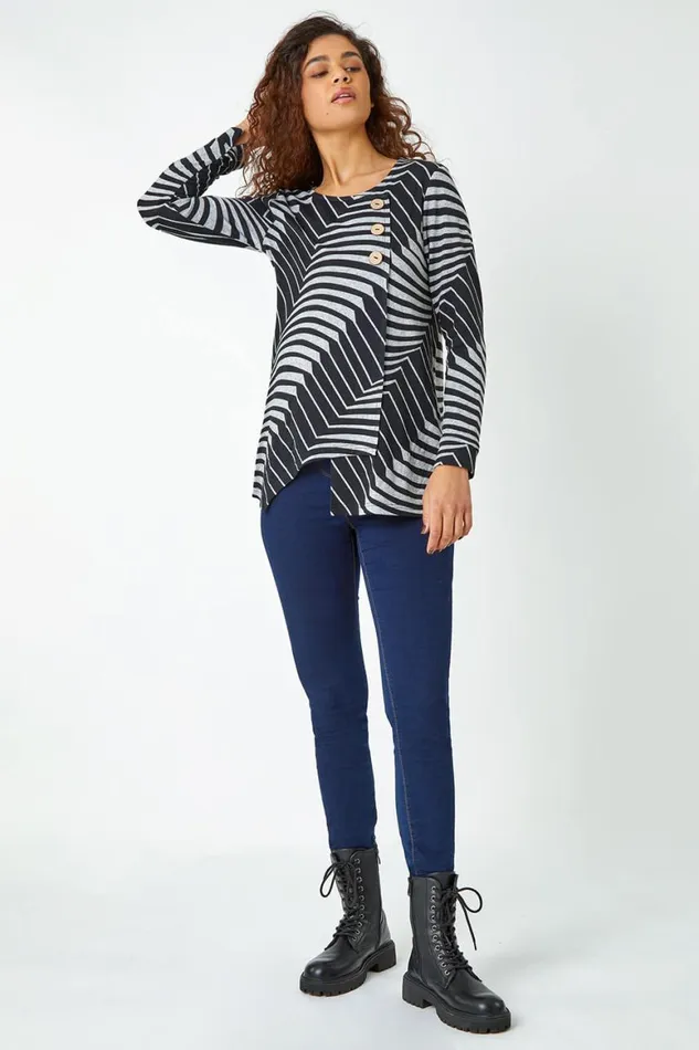 Women Grey Button Detail Geometric Stretch Top Roman Tops