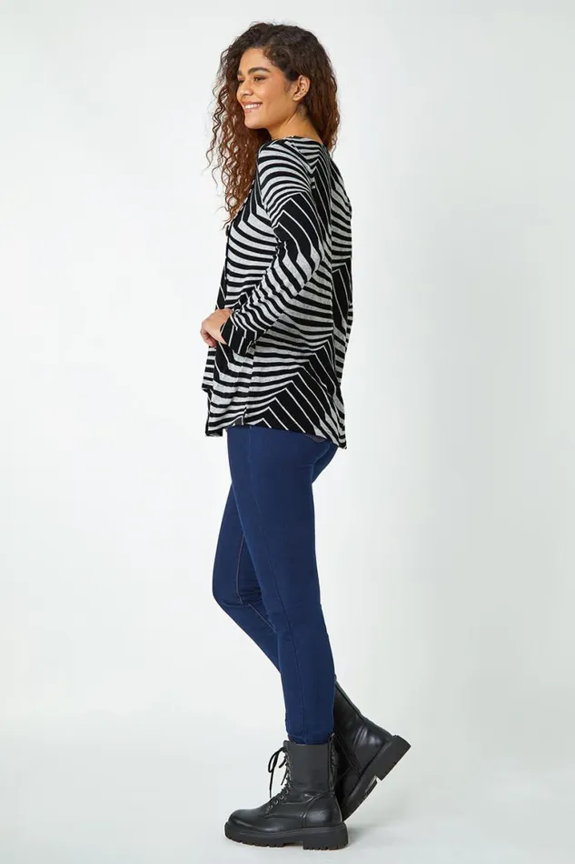 Women Grey Button Detail Geometric Stretch Top Roman Tops
