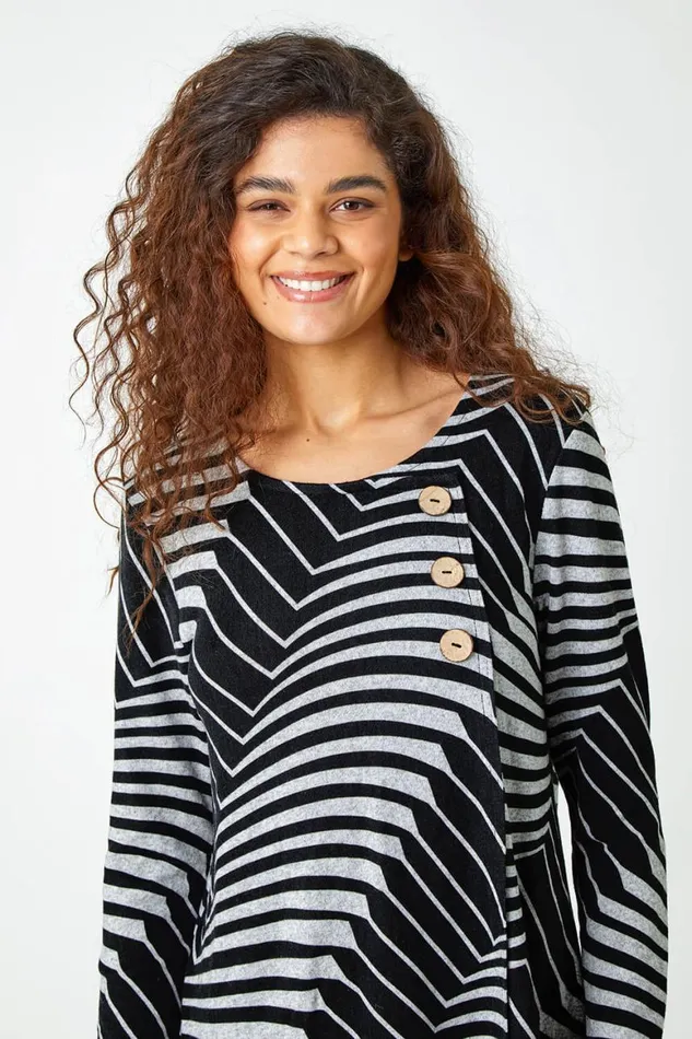 Women Grey Button Detail Geometric Stretch Top Roman Tops