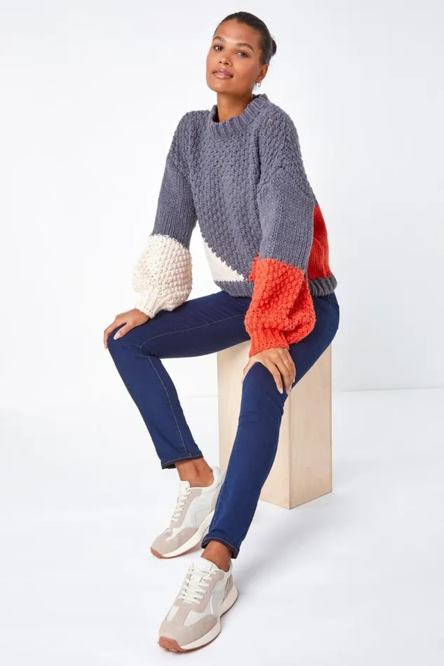 Women Grey Chunky Knit Balloon Sleeve Jumper Roman Knitwear