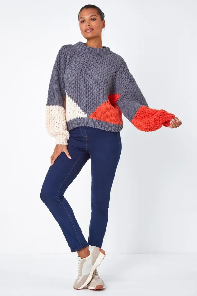 Women Grey Chunky Knit Balloon Sleeve Jumper Roman Knitwear