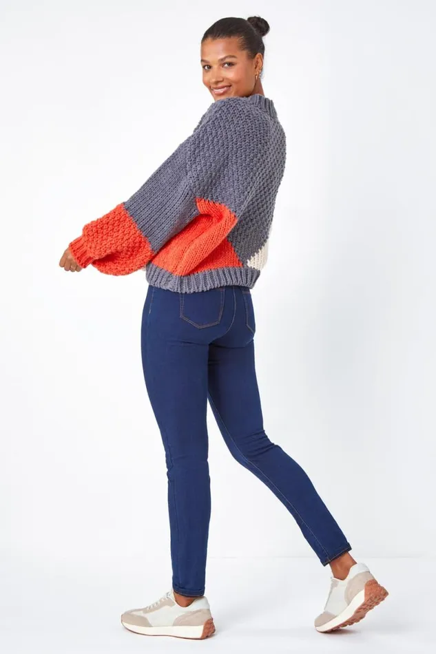 Women Grey Chunky Knit Balloon Sleeve Jumper Roman Knitwear