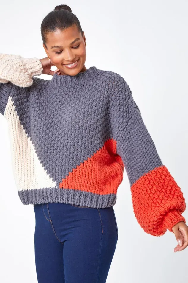 Women Grey Chunky Knit Balloon Sleeve Jumper Roman Knitwear