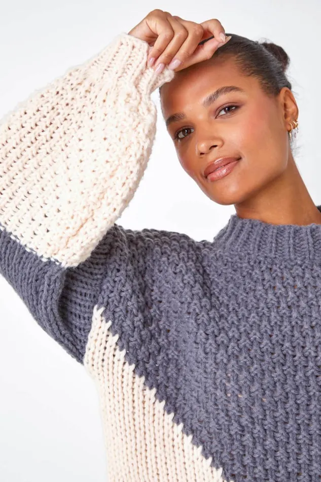 Women Grey Chunky Knit Balloon Sleeve Jumper Roman Knitwear