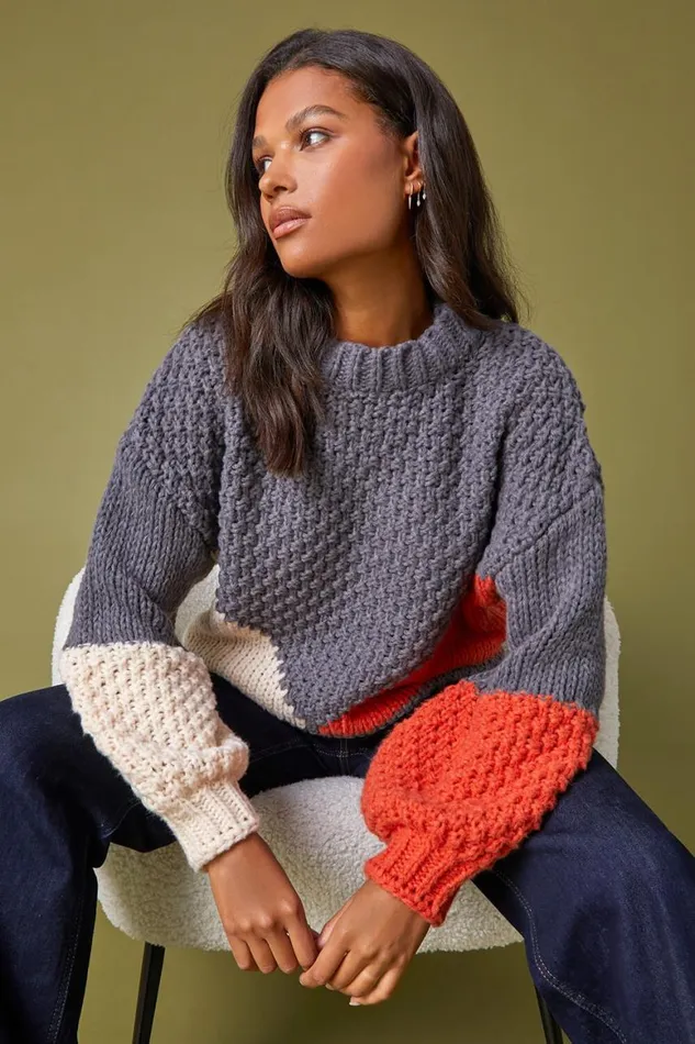 Women Grey Chunky Knit Balloon Sleeve Jumper Roman Knitwear