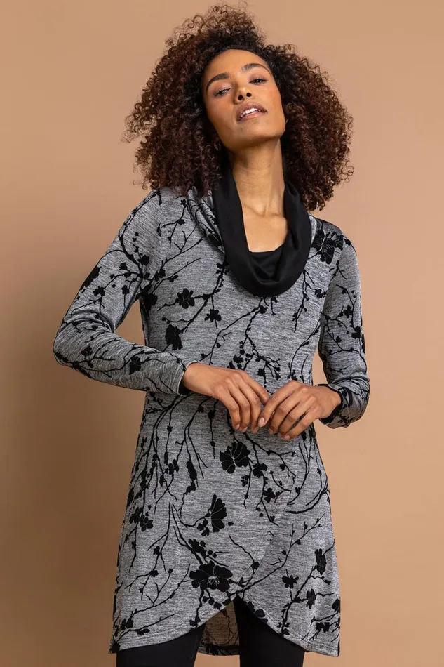 Women Grey Floral Print Cowl Neck Long Sleeve Tunic Top Roman Tops