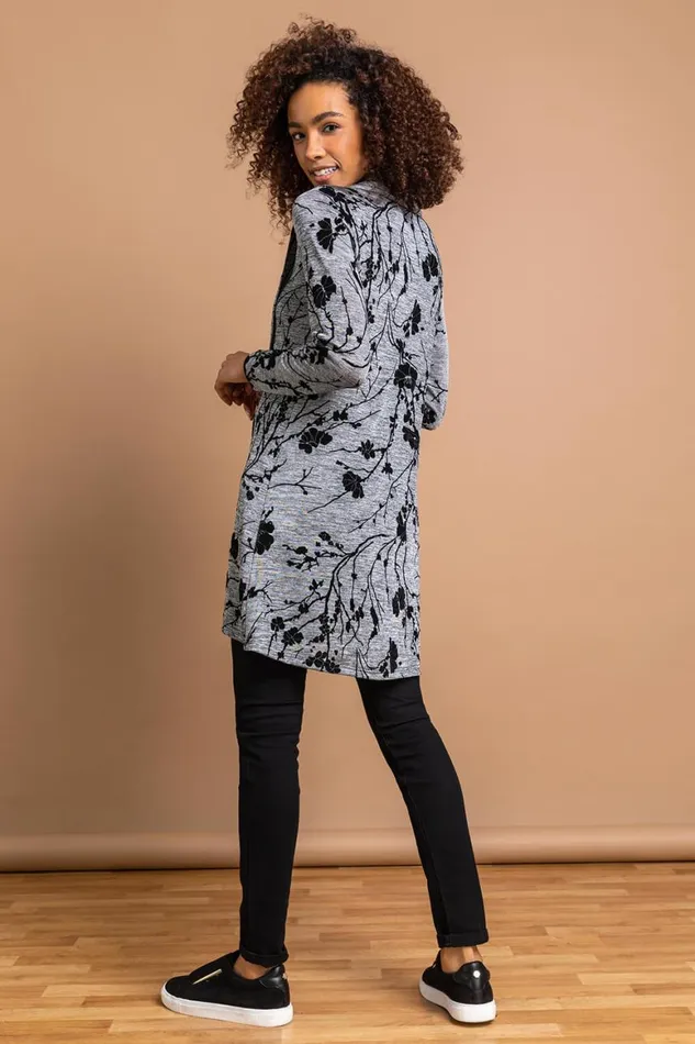 Women Grey Floral Print Cowl Neck Long Sleeve Tunic Top Roman Tops