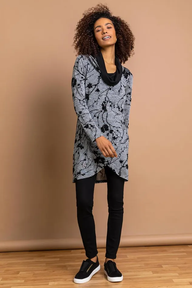 Women Grey Floral Print Cowl Neck Long Sleeve Tunic Top Roman Tops