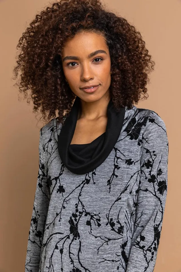 Women Grey Floral Print Cowl Neck Long Sleeve Tunic Top Roman Tops