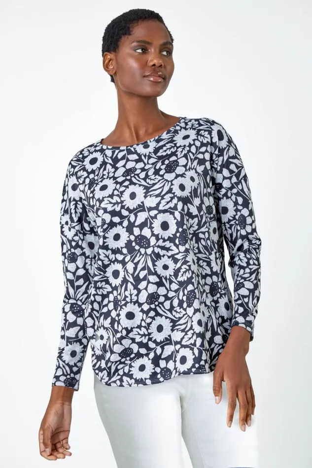 Women Grey Floral Print Stretch Top Roman Tops
