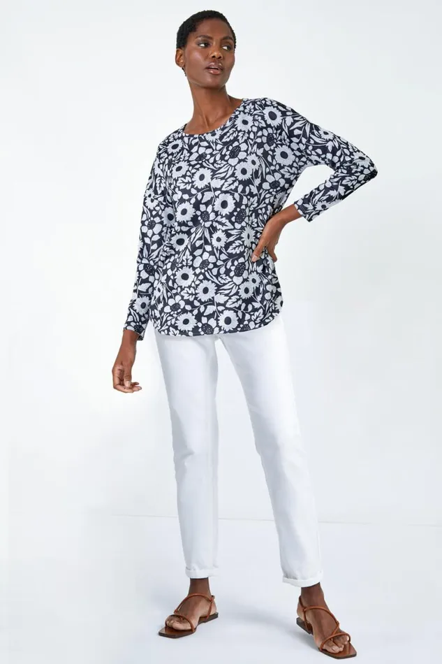 Women Grey Floral Print Stretch Top Roman Tops