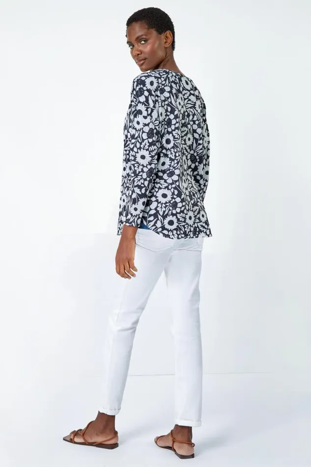 Women Grey Floral Print Stretch Top Roman Tops