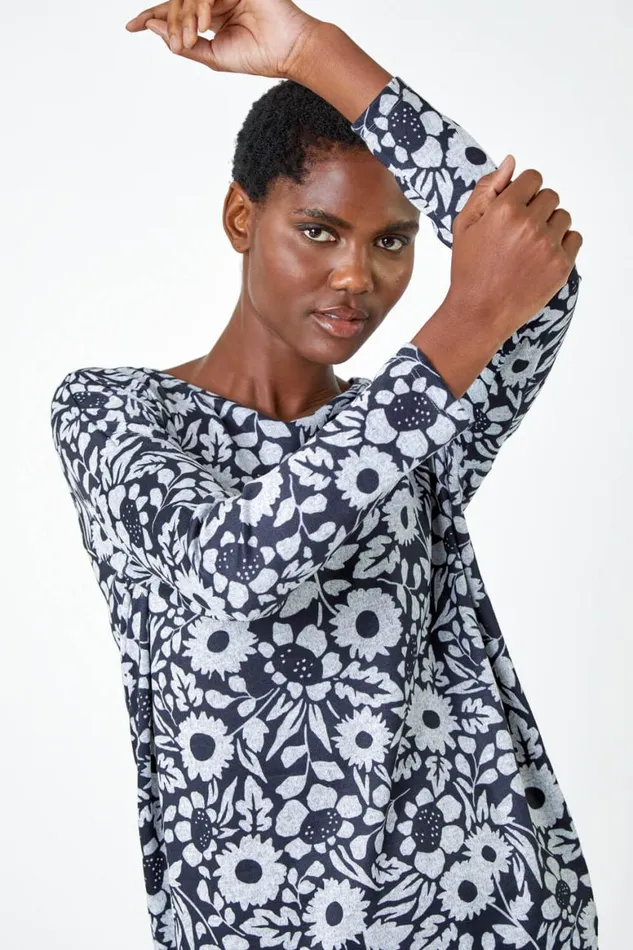 Women Grey Floral Print Stretch Top Roman Tops