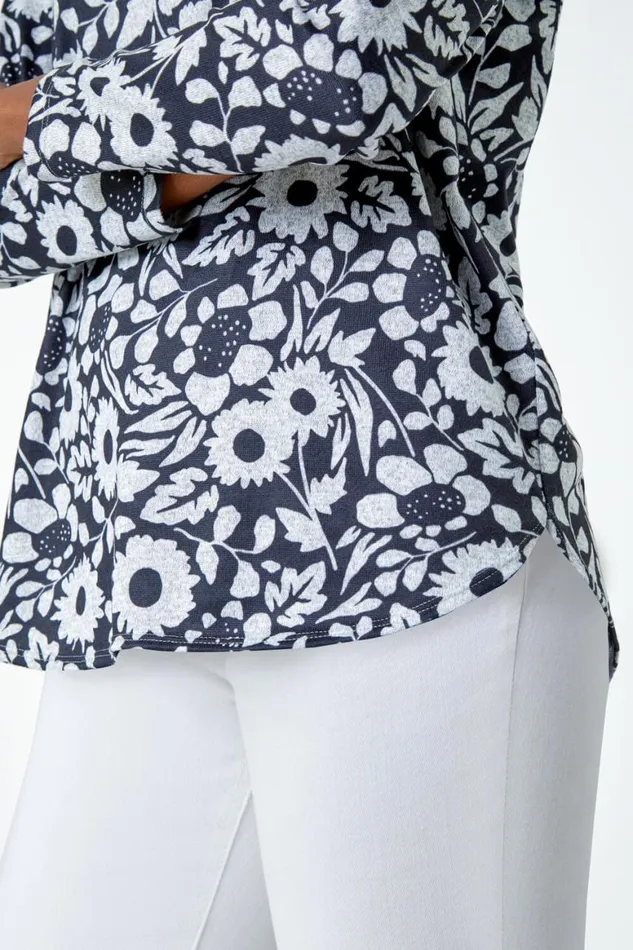 Women Grey Floral Print Stretch Top Roman Tops
