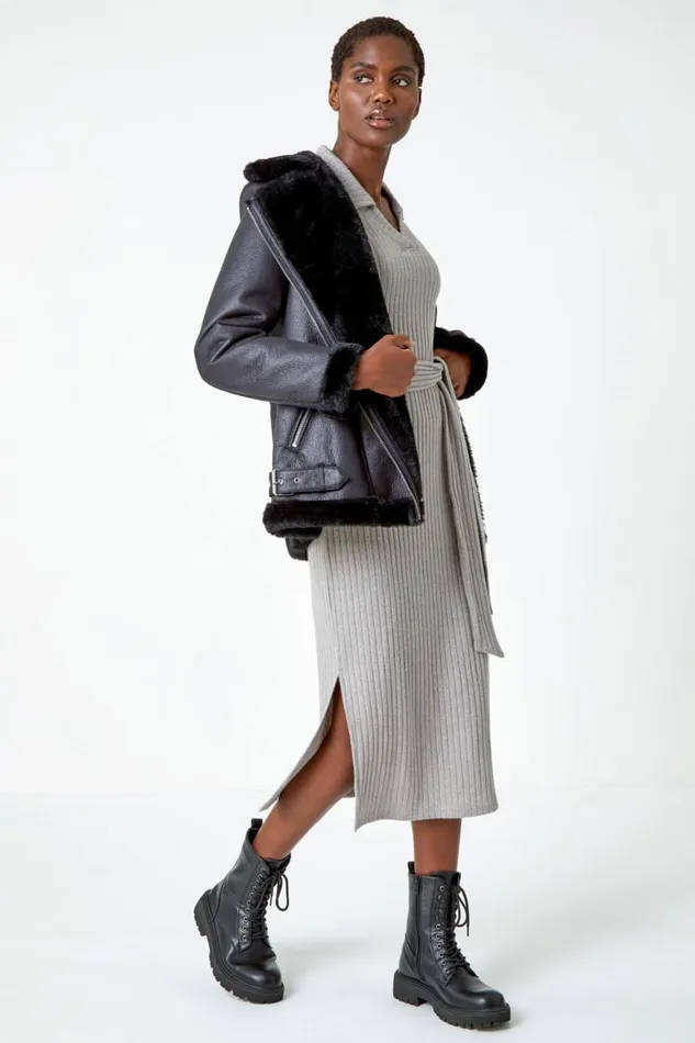 Women Grey Ribbed Midi Jumper Stretch Dress Roman Dresses