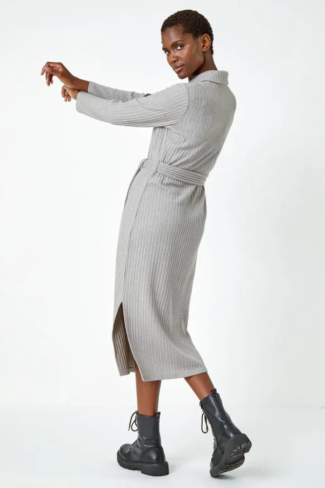 Women Grey Ribbed Midi Jumper Stretch Dress Roman Dresses