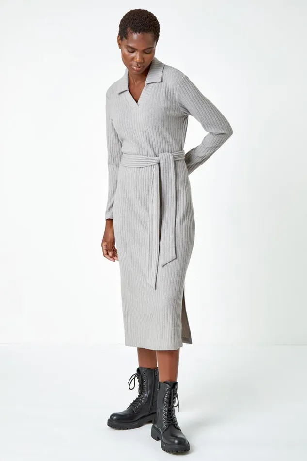 Women Grey Ribbed Midi Jumper Stretch Dress Roman Dresses