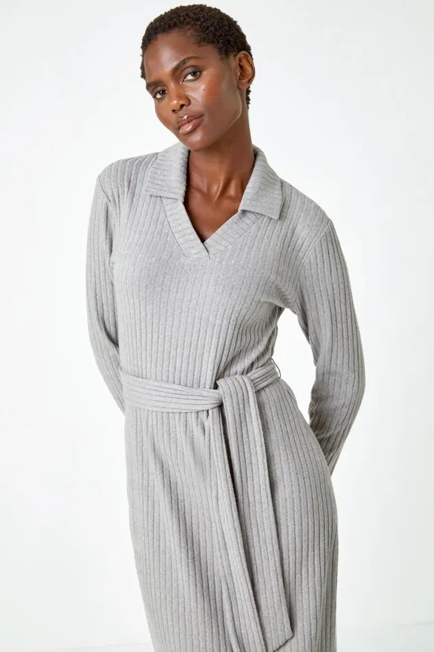Women Grey Ribbed Midi Jumper Stretch Dress Roman Dresses