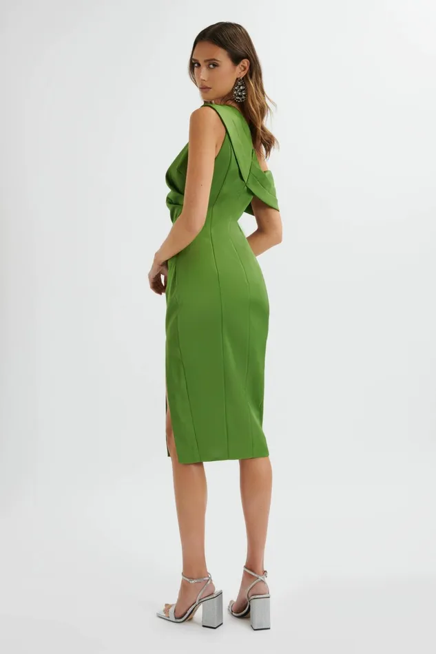 Women HalterNeck Dresses Lavish Alice AUTUMN Pleated One Shoulder Bonded Satin Midi Dress In Green Green