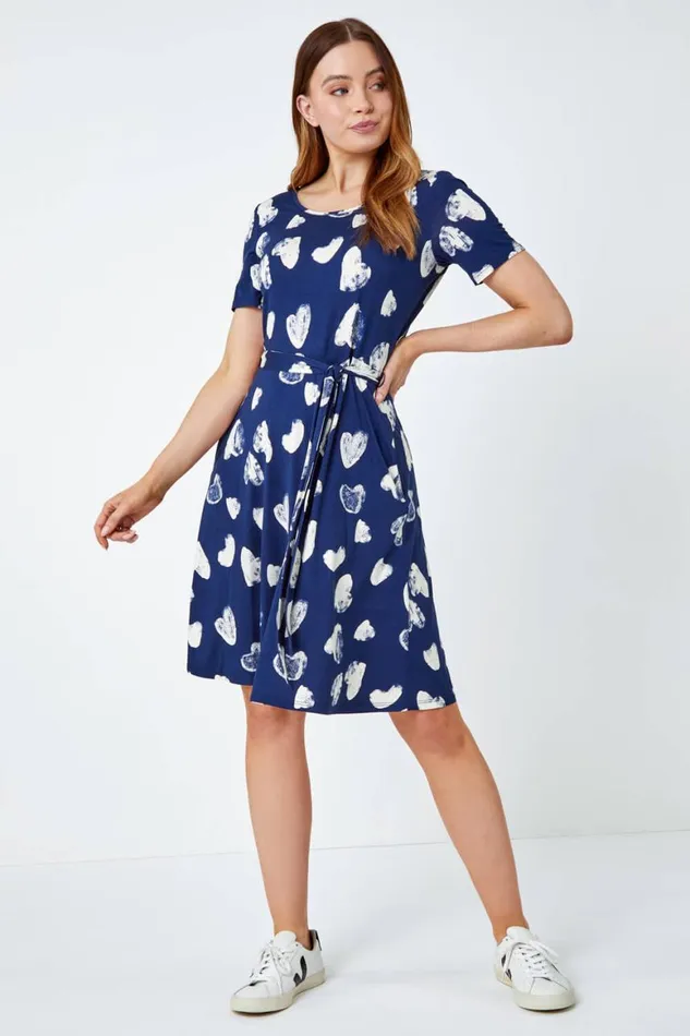 Women Heart Print Stretch Jersey Skater Dress Roman Dresses
