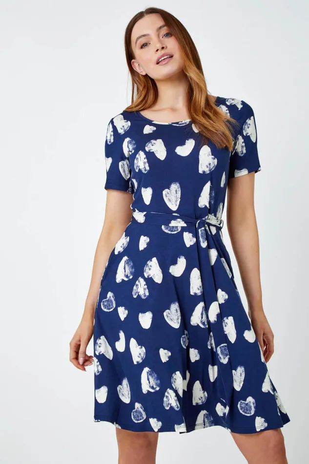 Women Heart Print Stretch Jersey Skater Dress Roman Dresses